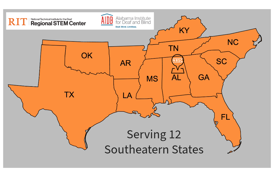 Title NRSC & AIDB logos. Image of southeastern US In orange: TX, OK, AR, LA, MS, KY, TN, AL, GA, SC, NC, FL. AL has a marker 