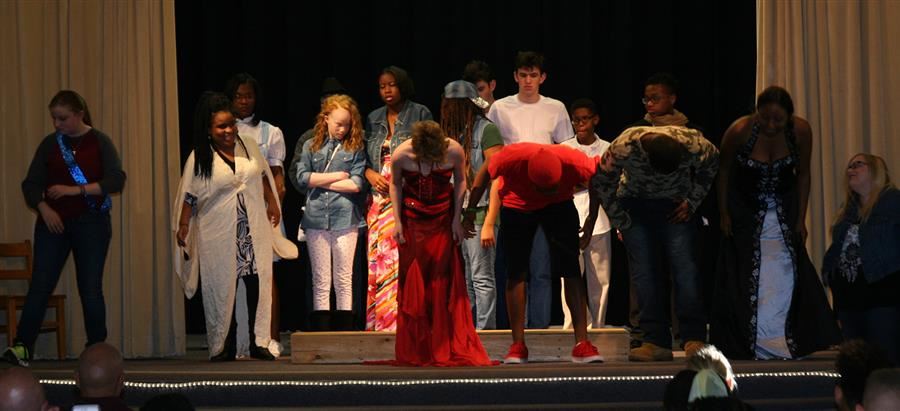 Student performers take a bow at the conclusion of Jack and the Bean Stalk