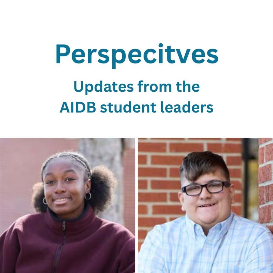  AIDB student leaders promotional graphic showing "Perspectives" title and portraits of two students