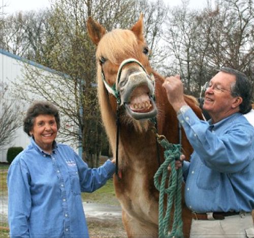 Marilyn and Pat Greene stand beside an MGH horse that is "smiling." 