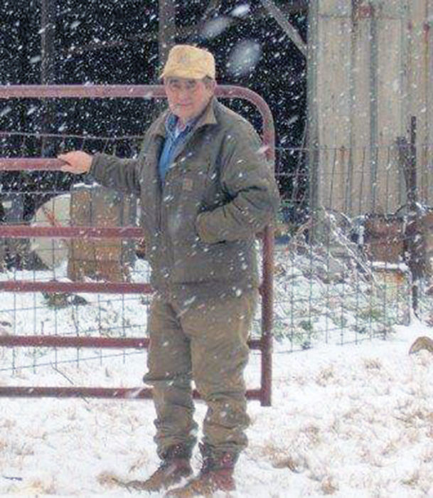 A man standing by a gate next to a barn. There is a light snow droping down.